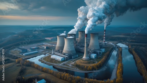 Coal-fired power station in Tusimice, Northern Bohemia, Czech Republic. Aerial perspective of a significant emission source in the European Union. photo