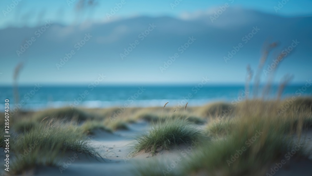 Coastal view featuring sand dunes and grassy areas with a soft-focus blue sky, ideal for summer-themed screensaver or wallpaper with space for text. Coastal view featuring sand dunes and grassy areas with a soft-focus blue sky, ideal for summer-themed screensaver or wallpaper with space for text.