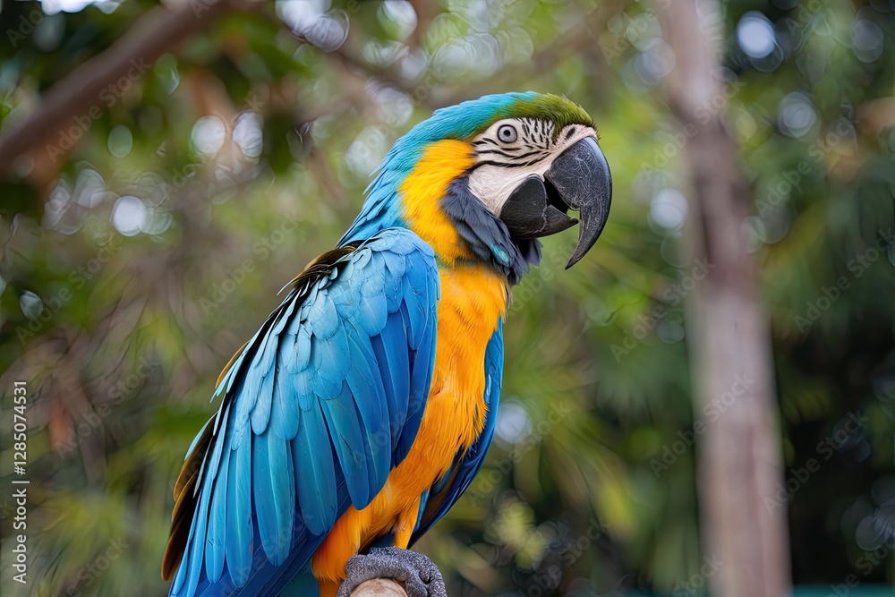 Obraz premium Vibrant plumage, perched on a branch, shallow depth of field, natural light, bokeh background