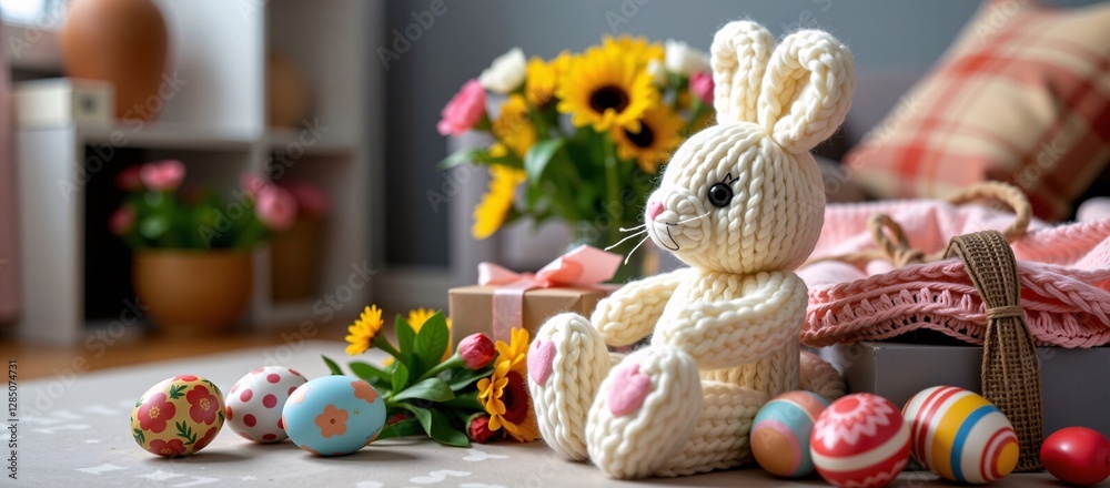 Fototapeta premium Crocheted Easter Bunny with Flowers, Eggs, and Gifts