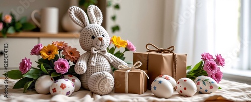 Crocheted Easter Bunny with Flowers, Gifts and Eggs on Table photo