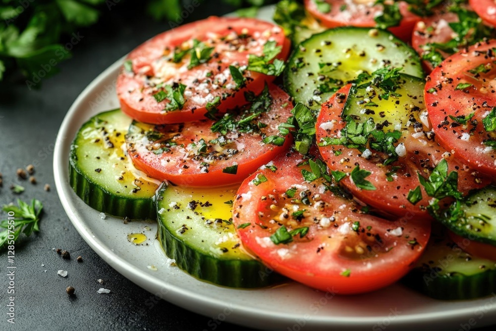 Tomato Cucumber Salad with Parsley and Pepper on Dark Background Plate of Sliced Red Tomatoes and Green Cucumbers Drizzled with Olive Oil Tomato Cucumber Salad with Parsley and Pepper on Dark Background Plate of Sliced Red Tomatoes and Green Cucumbers Drizzled with Olive Oil