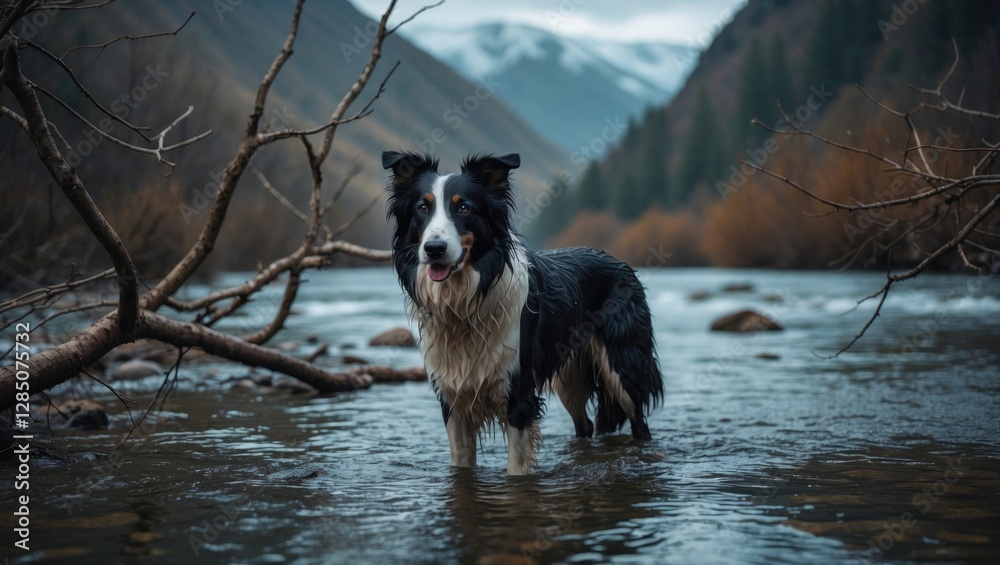 A collie stands in a mountain river, surrounded by branches. A collie stands in a mountain river, surrounded by branches.