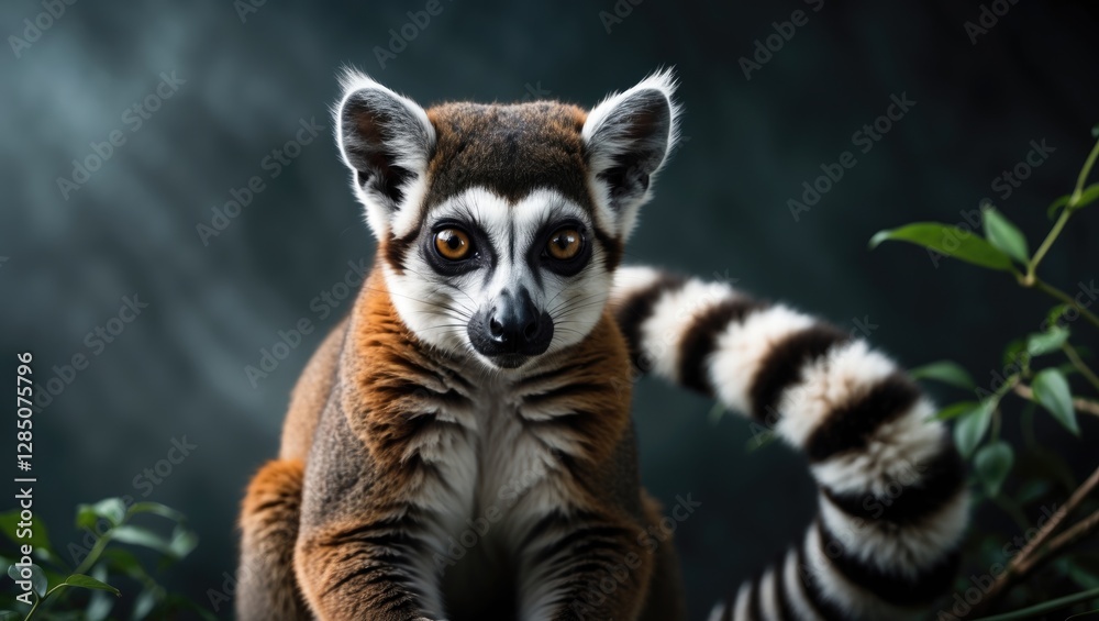 Fototapeta premium Lemur catta with ringed tail. Individual lemur gazing directly into the camera.