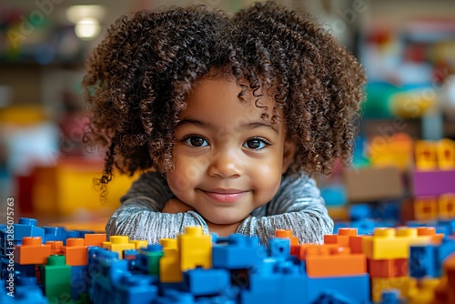 An adorable African American child plays with educational bricks, guided by a child development specialist in a nurturing learning environment.
