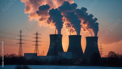 Outline of a power plant illuminated by a stunning winter dawn near Drax in North Yorkshire, UK, with steam billowing from the cooling towers. Landscape format. Free space for text.