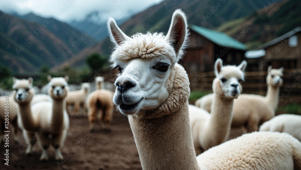 Obraz premium Detailed view of a white alpaca on a farm near Puno, Peru.
