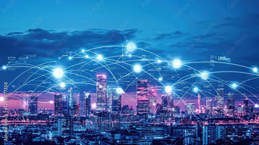 Obraz premium Global Network Connectivity: Smart City at Night