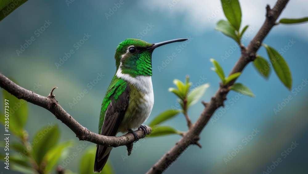 Fototapeta premium Mountain Velvetbreast - Lafresnaya lafresnayi, a vibrant green hummingbird from the Heliantheini tribe in the Lesbiinae subfamily, native to Colombia, Ecuador, Peru, and Venezuela, perched on a bra...