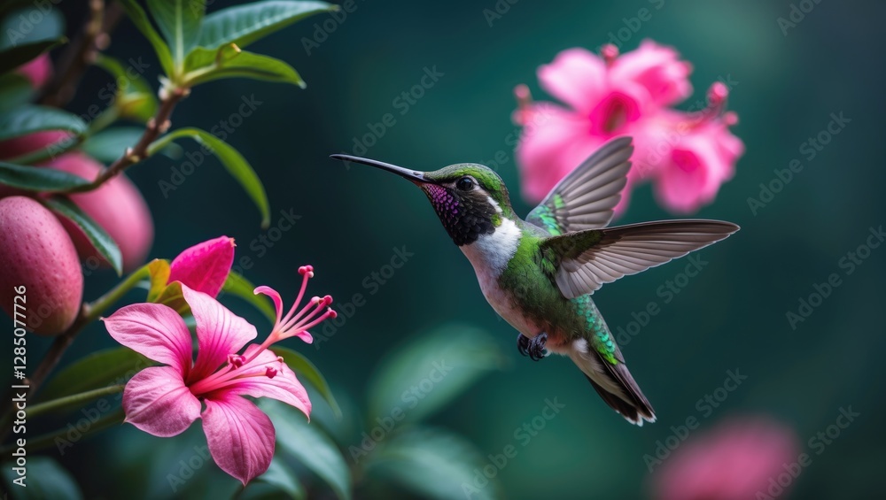 Fototapeta premium Green-breasted Mango Hummingbird hovering beside vibrant pink flowers. Tropical wildlife in Costa Rica's natural environment, showcasing a small bird and blooming flora. Nature exploration in South...