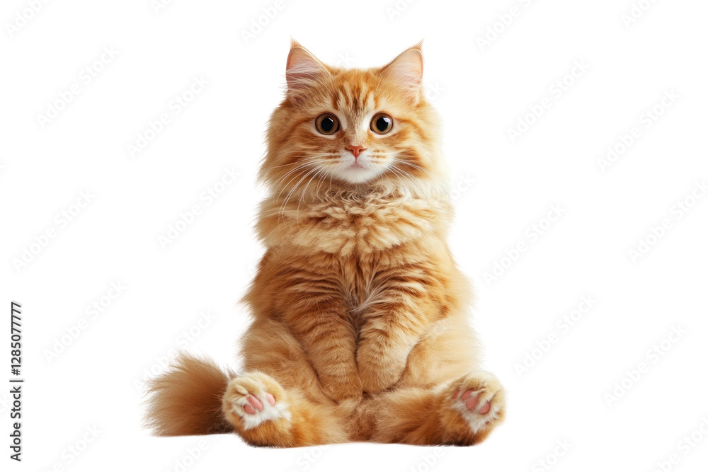 A fluffy orange cat with wide, alert eyes, sitting on its hind legs while staring directly at the camera, with its tail curled around its paws. A fluffy orange cat with wide, alert eyes, sitting on its hind legs while staring directly at the camera, with its tail curled around its paws.