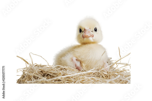 A fluffy duckling with soft yellow feathers, sitting on a bed of straw while staring up with a quizzical look, seemingly trying to understand its surroundings.