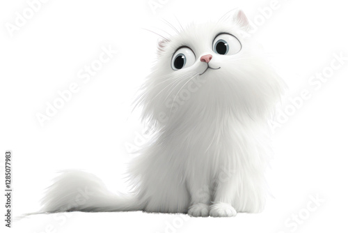 A fluffy white cat with big, wide eyes and a drooping expression, sitting in a relaxed pose, its fur slightly ruffled as it gazes up with a pitiful look