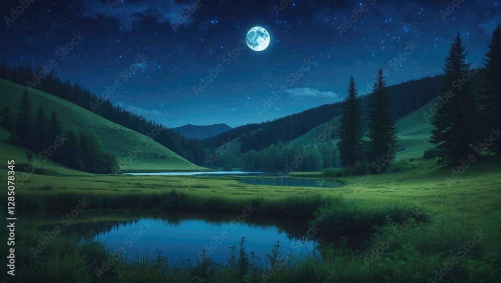 Fototapeta premium A nighttime scene of a meadow featuring hills, a pond, and coniferous trees. This vector image illustrates a summer landscape with lush vegetation, a lake under a full moon, and stars shining in th...