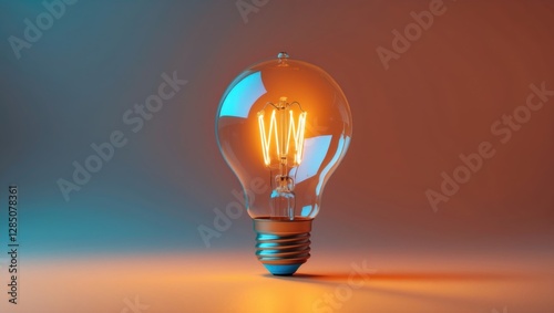 Illuminated light bulb set against an orange backdrop. Horizontal layout featuring space for text. Concept of creativity and innovation ideas.