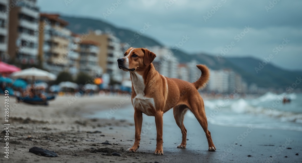 Canine perched on a coastal beach. The dog is on the sand. Izmir, Turkey. Canine perched on a coastal beach. The dog is on the sand. Izmir, Turkey.