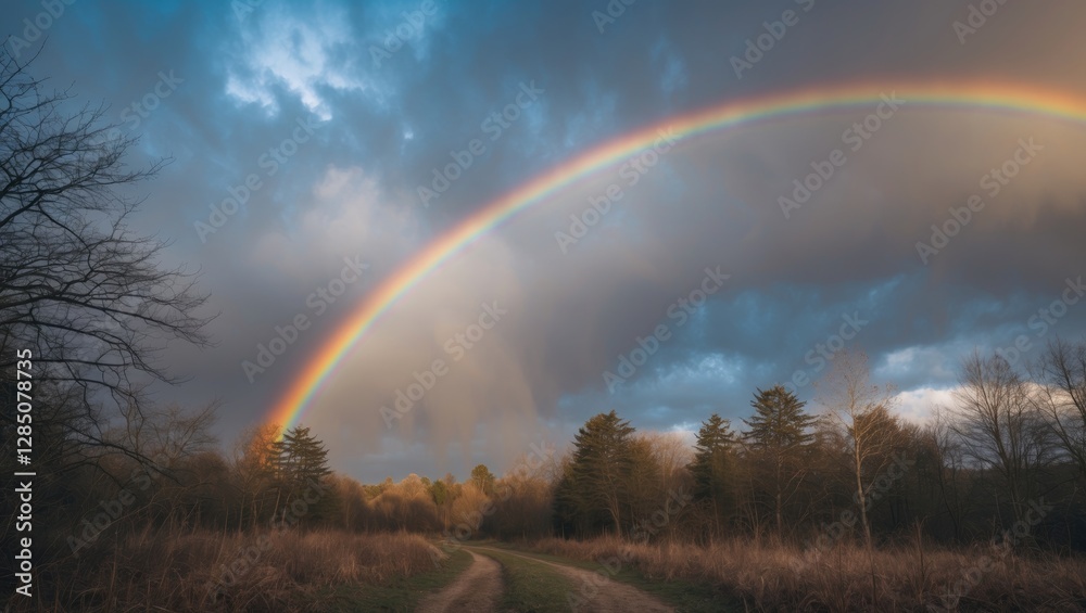 Naklejka premium Arc of colors in the sky above a serene forest landscape