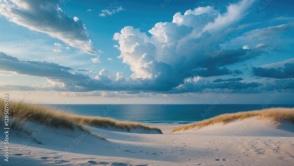 Perspective of sand dunes leading to the ocean under a bright blue sky filled with cumulus clouds, ideal for a summer weekend backdrop suitable for screen wallpapers or text advertising space. Perspective of sand dunes leading to the ocean under a bright blue sky filled with cumulus clouds, ideal for a summer weekend backdrop suitable for screen wallpapers or text advertising space.