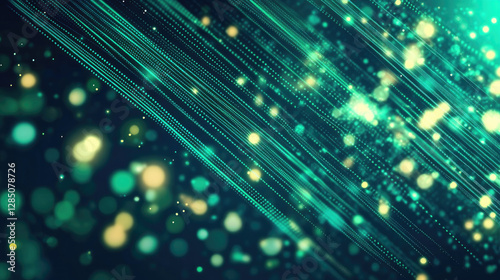 Abstract background with green glowing rays and bokeh dots. Big data concept. Vector for banner. Green tech wallpaper.
