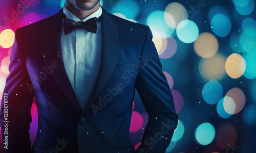 Wallpaper Mural A sharply dressed man in a sleek tuxedo with a black bow tie stands against a vibrant, colorful bokeh background Torontodigital.ca
