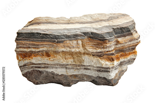 A geological sample featuring rocks in well-defined stratified layers, displaying varying mineral content and grain size