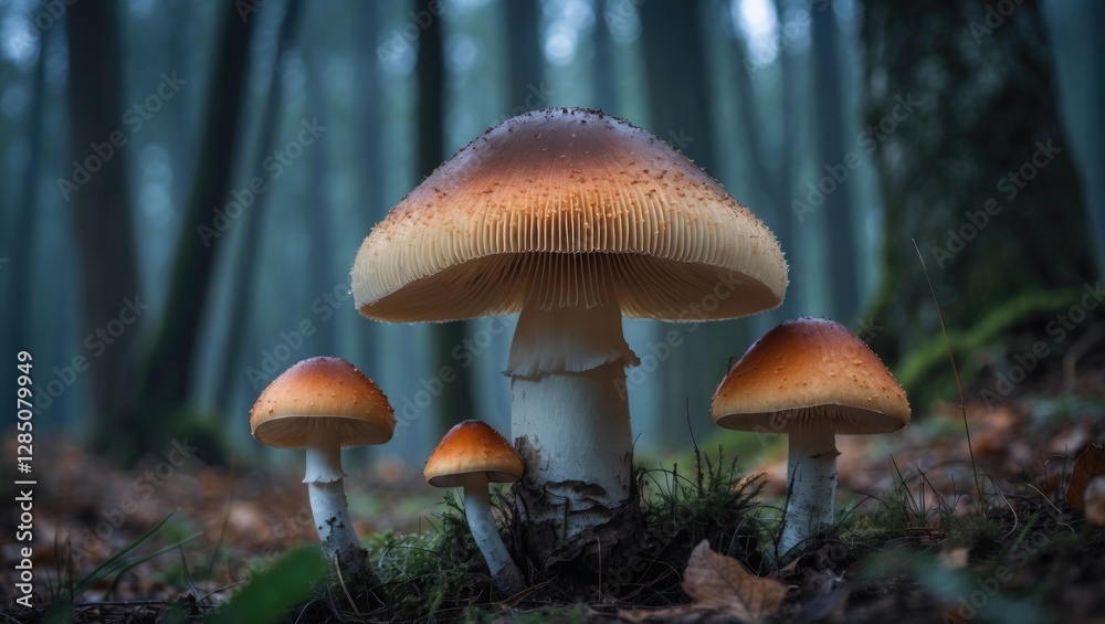 Upright image showcasing mushrooms in a forest setting Upright image showcasing mushrooms in a forest setting