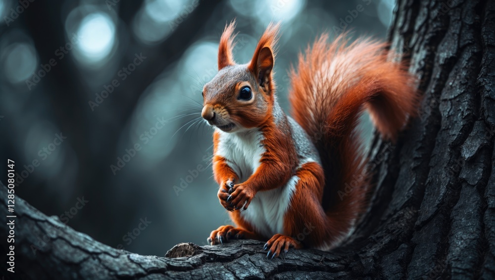 Fototapeta premium Squirrel with fluffy ears perched on a tree branch. A whimsical portrait of a lively red squirrel sitting on a tree.