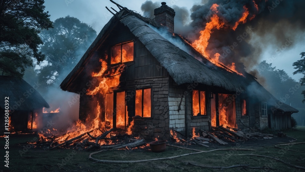 Obraz premium Raging blaze engulfing an ancient thatched-roof home