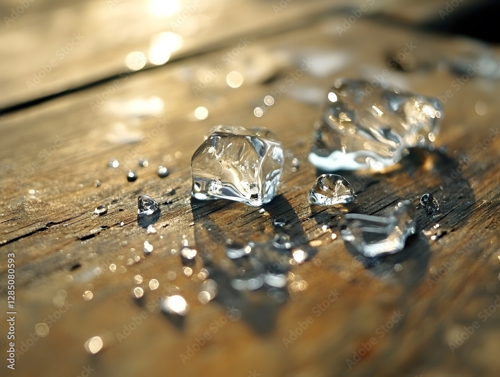 Close-up of textured ice cubes melting on a wooden surface, with droplets reflecting the light Close-up of textured ice cubes melting on a wooden surface, with droplets reflecting the light