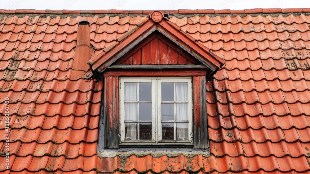 Rustic Charm: A weathered dormer window on a terracotta tiled roof Rustic Charm: A weathered dormer window on a terracotta tiled roof