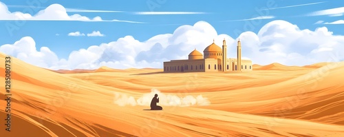 A lone figure prays in the desert near a mosque photo
