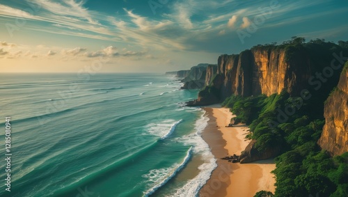 Fototapeta Naklejka Na Ścianę i Meble -  Aerial view of Pitinga beach in Arraial Da Ajuda, Porto Seguro, Bahia, featuring cliffs with the Northeast Brazilian Sea in the background.