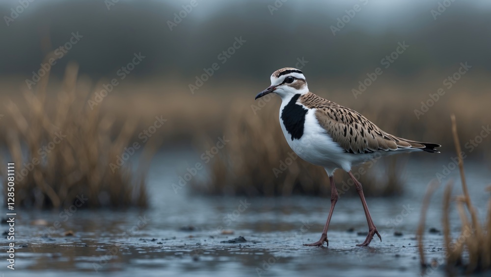 pied lapwing strolls through a swamp in close view pied lapwing strolls through a swamp in close view