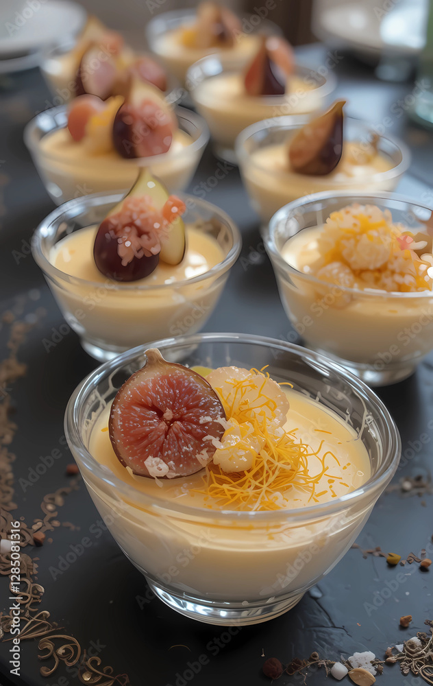 Elegant dessert tasting event with Künefe served in mini portions, each topped with unique garnishes like figs, almonds, and saffron Elegant dessert tasting event with Künefe served in mini portions, each topped with unique garnishes like figs, almonds, and saffron