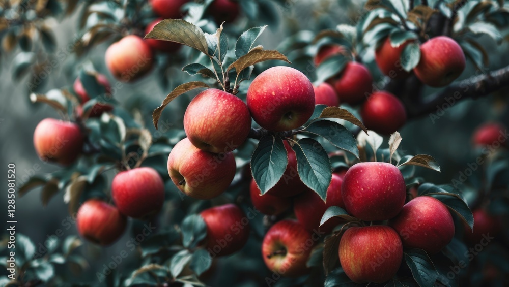 Obraz premium ripe crimson apples hanging from branches
