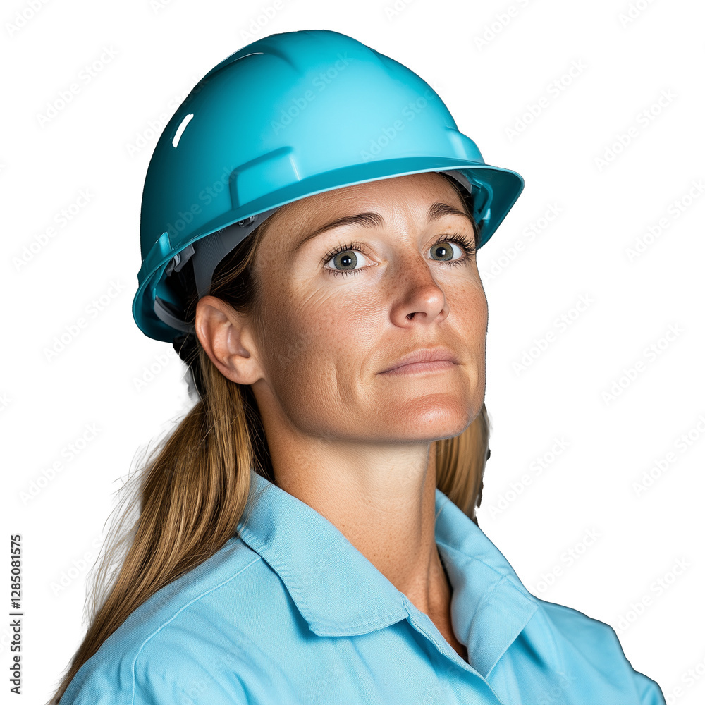Female construction worker wearing a blue hard hat with transparent background Female construction worker wearing a blue hard hat with transparent background