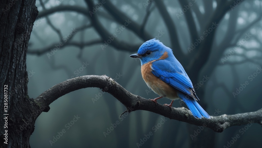 Fototapeta premium Cartoonish blue bird perched on a tree branch