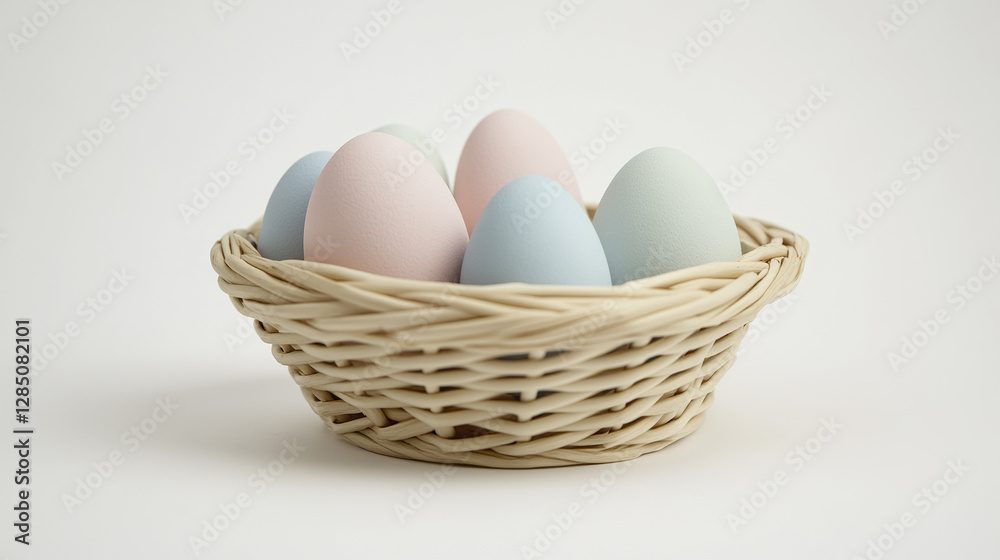 Pastel eggs in wicker basket on white background Pastel eggs in wicker basket on white background