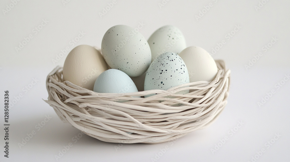 Pastel eggs in woven basket on white background Pastel eggs in woven basket on white background