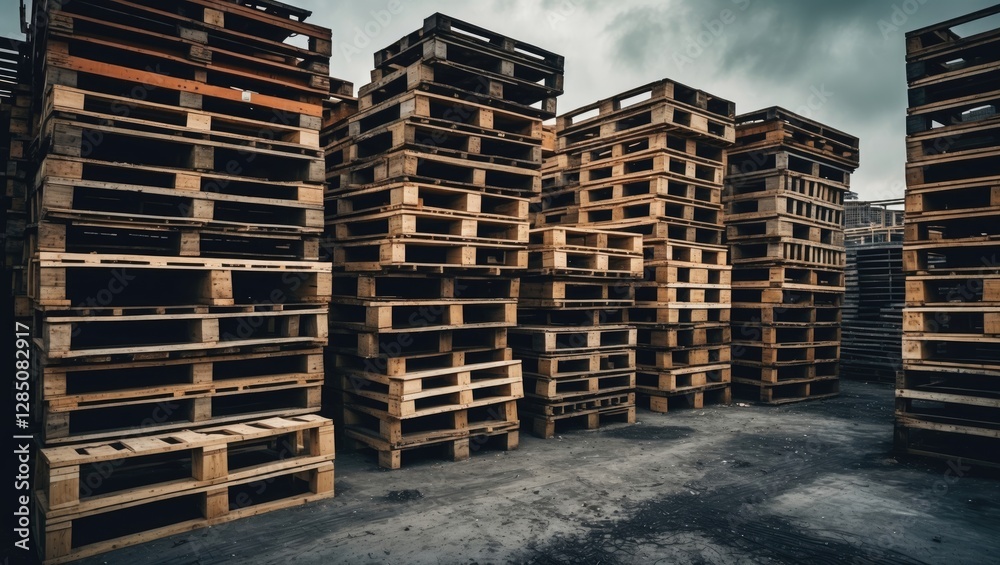 Piles of vacant wooden pallets at a construction location Piles of vacant wooden pallets at a construction location