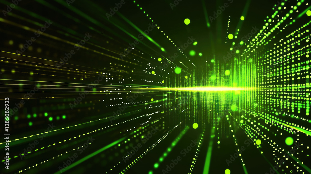 Abstract background with green glowing rays and bokeh dots. Big data concept. Vector for banner. Green tech wallpaper.