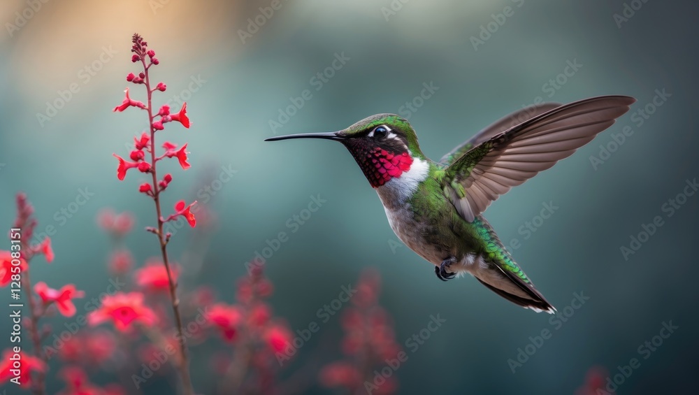 Obraz premium Hummingbird with ruby throat in mid-air