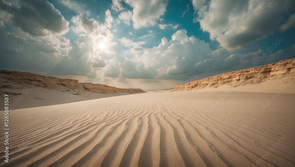 Naklejka premium Aerial, elevated perspective of sandy landscape beneath a bright sky with clouds