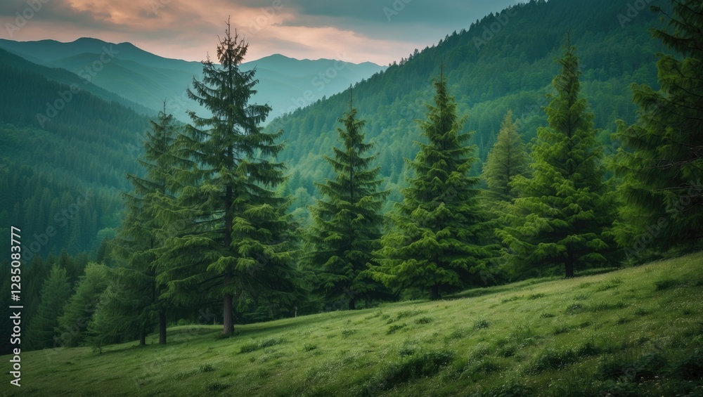 Fototapeta premium Lush green pine trees adorn the landscapes of the Ukrainian Carpathian Mountains.