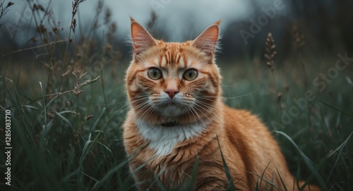 Orange feline close-up amid greenery