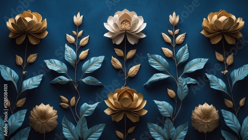 cultural floral pattern. repeated textile design with a cohesive theme. vintage folk-inspired abstract floral elements. Turkish ornamental leaves. Background featuring a rich blue hue.