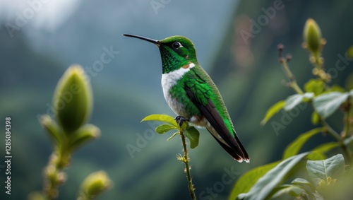 Green-backed or White-tailed Hillstar - Urochroa leucura, previously classified within the white-tailed hillstar family, belongs to the hummingbird group in brilliants, tribe Heliantheini under Les... photo