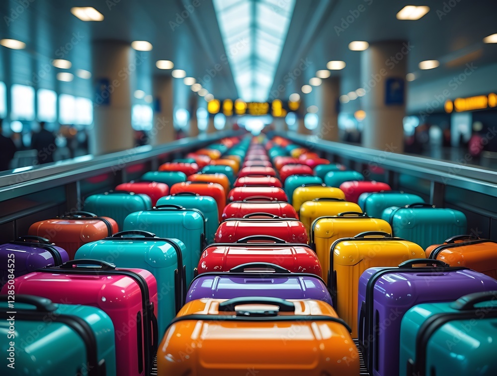 Fototapeta premium Vibrant, colorful suitcases lined up on an airport baggage claim conveyor belt, representing travel, tourism, and international journeys. Luggage waiting for passengers at a busy terminal