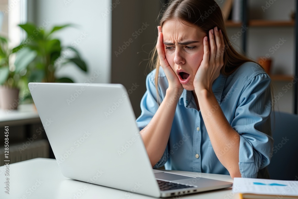 Stressed Young Woman in Casual Blue Shirt Reacts with Distress While Using Laptop in Modern Workspace Surrounded by Green Plants Stressed Young Woman in Casual Blue Shirt Reacts with Distress While Using Laptop in Modern Workspace Surrounded by Green Plants