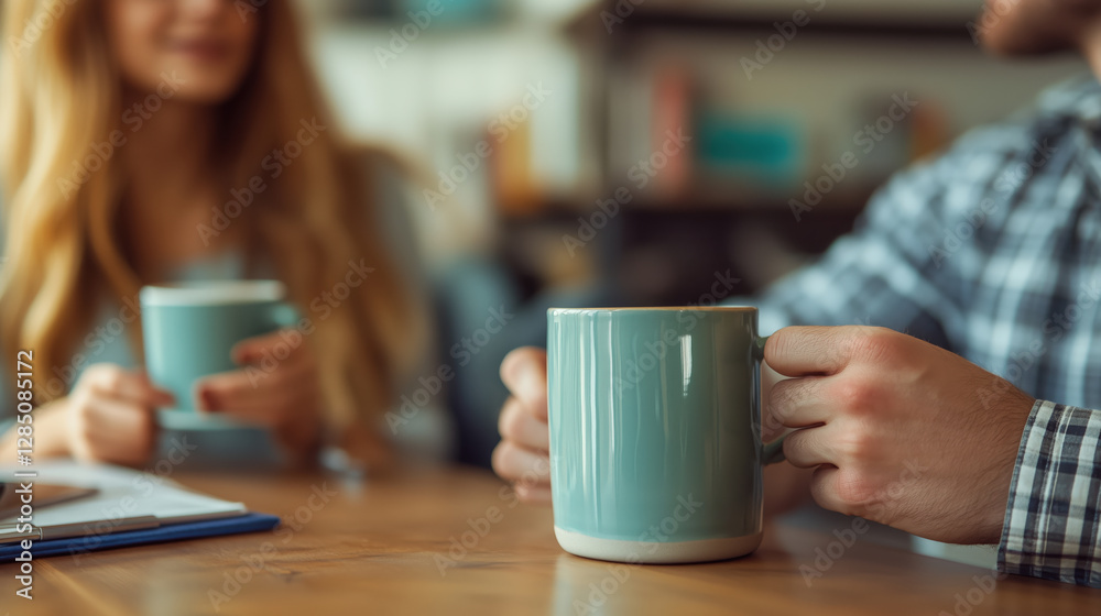 Close-up of colleagues holding coffee mugs during a casual office meeting Close-up of colleagues holding coffee mugs during a casual office meeting